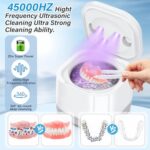 Ultrasonic Retainer Cleaner, Ultra Sonic Denture Cleaning Pod Jewelry Cleaner, 200ml 45kHz Portable Machine with 2 Cleaning Modes for Retainer, Aligner, Braces, Mouth Guard, with Cleaning Basket